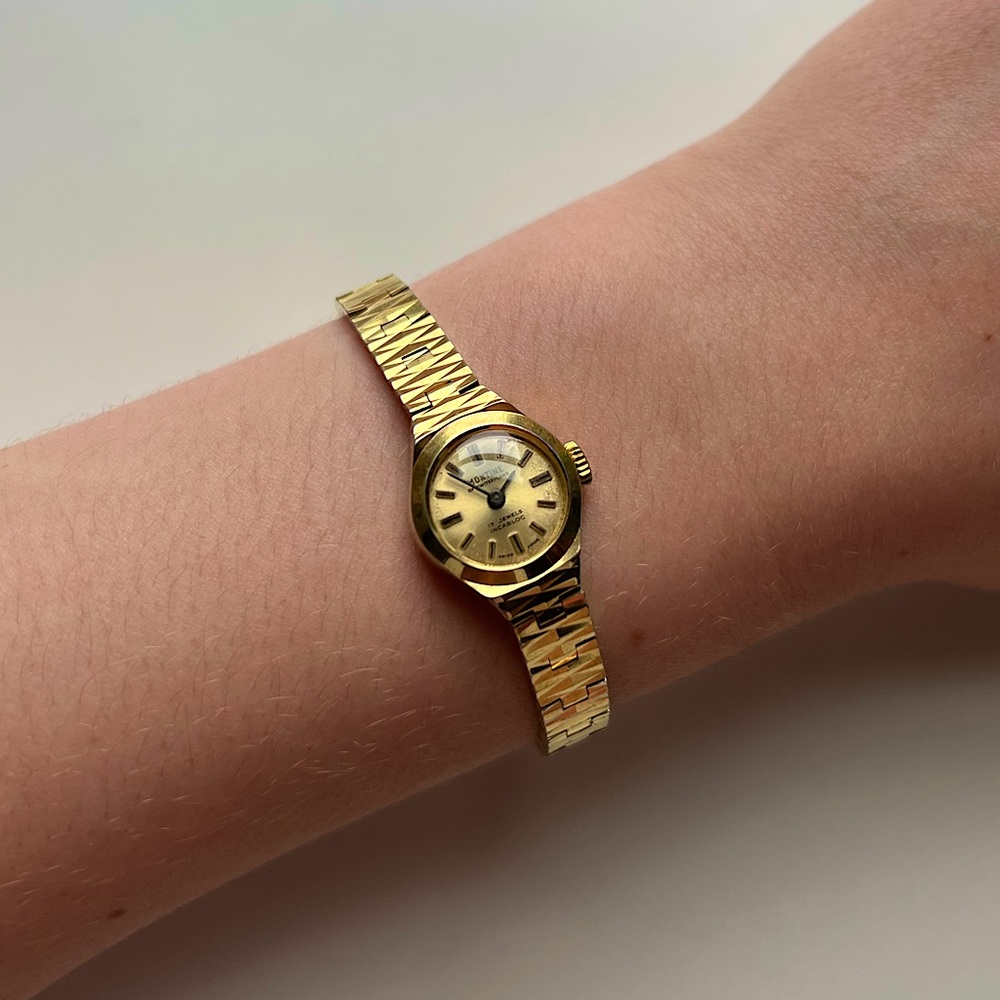 Vintage Montine of Switzerland tiny mechanical watch, c. 1970s, gold plated